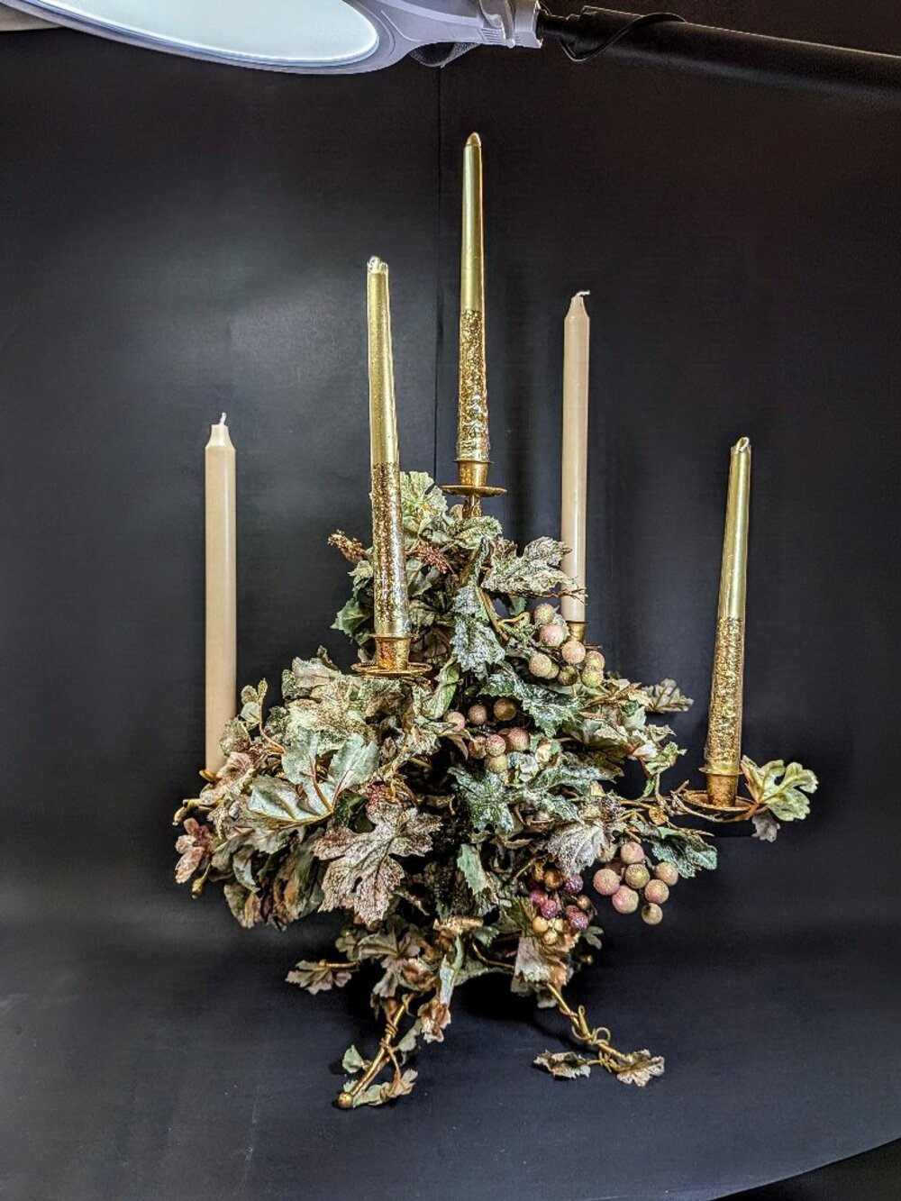 Metal Grape Candelabra 5 Taper Candle Holder Centerpiece Slim Profile Tabletop